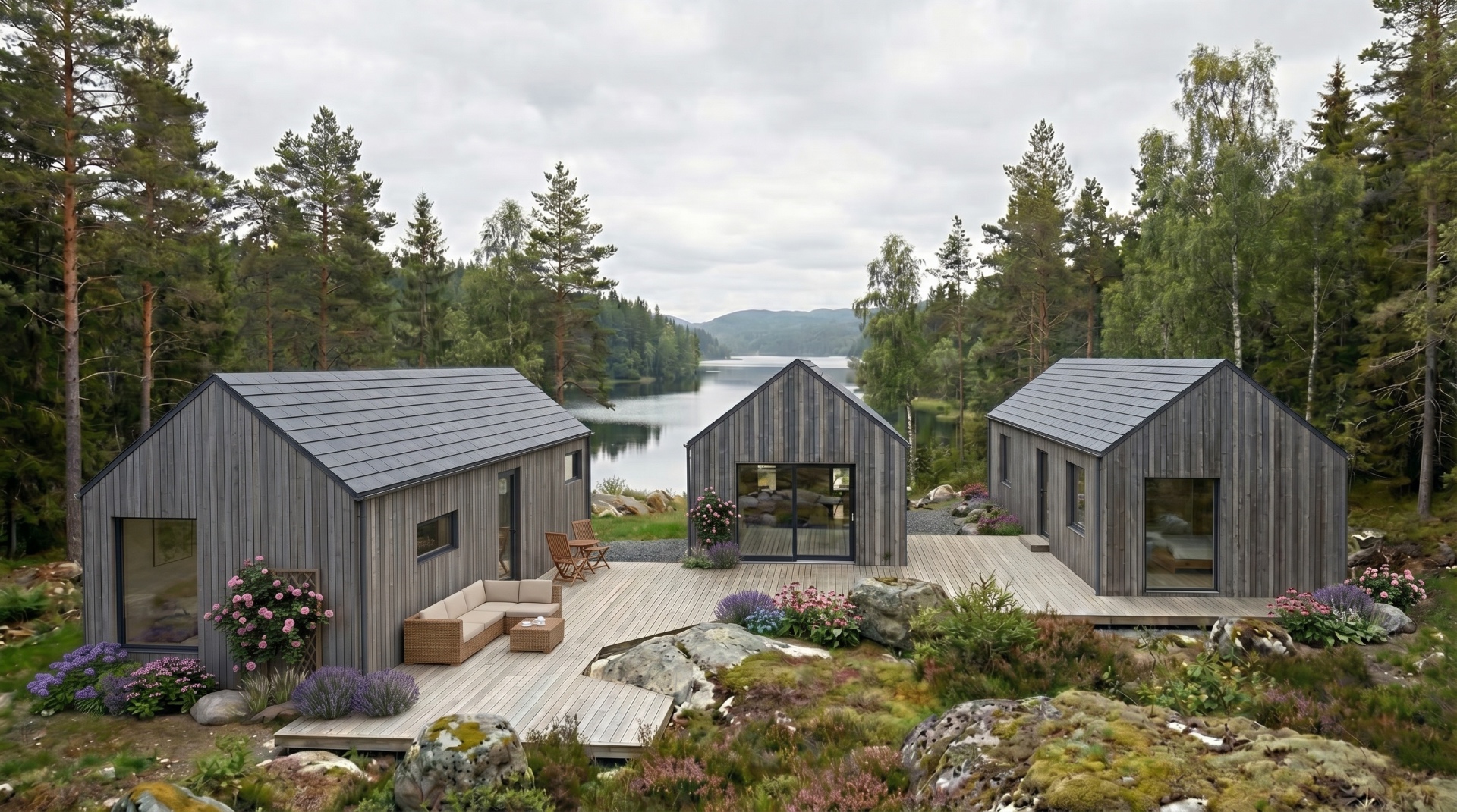Tre småhus i massivtre rundt en terrasse ved en norsk skogssjø i skumringen